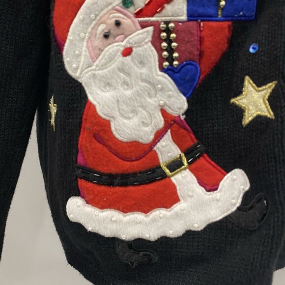 VTG Tiara Int'l M Black Ugly Christmas Sweater Zipper Cardigan Santa Embroidered - Picture 6 of 16